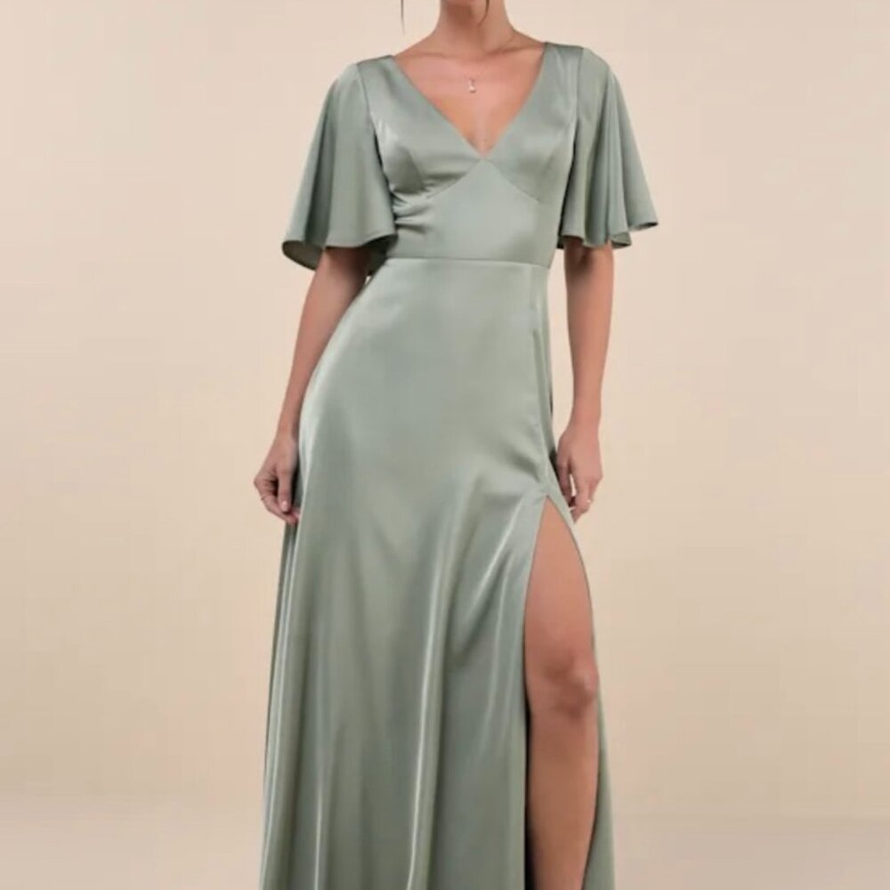 Lulus Elegant Confidence Sage Satin Flutter Sleev… - image 2